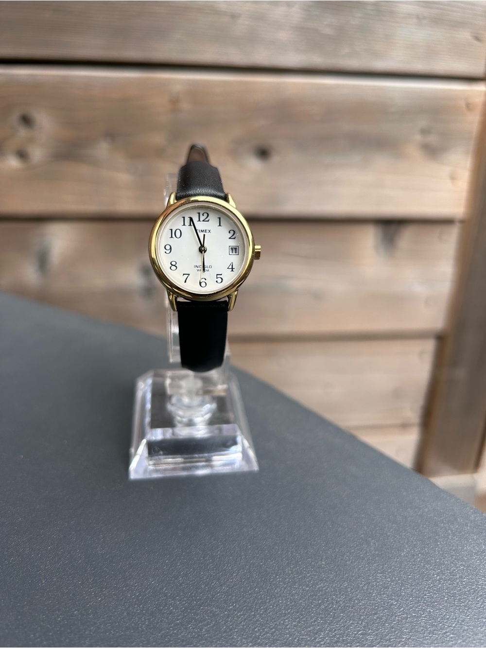 Timex T2H341 Easy Reader Women’s 25mm Gold Black Leather Indiglo Date NEW